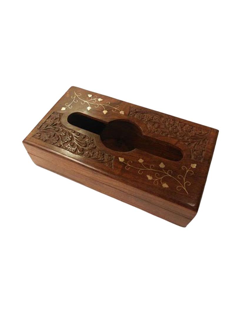 desi karigar brown sheesham wood and brass tissue box with kashmiri carving and brass inlay work - 15909082 - Standard Image - 2