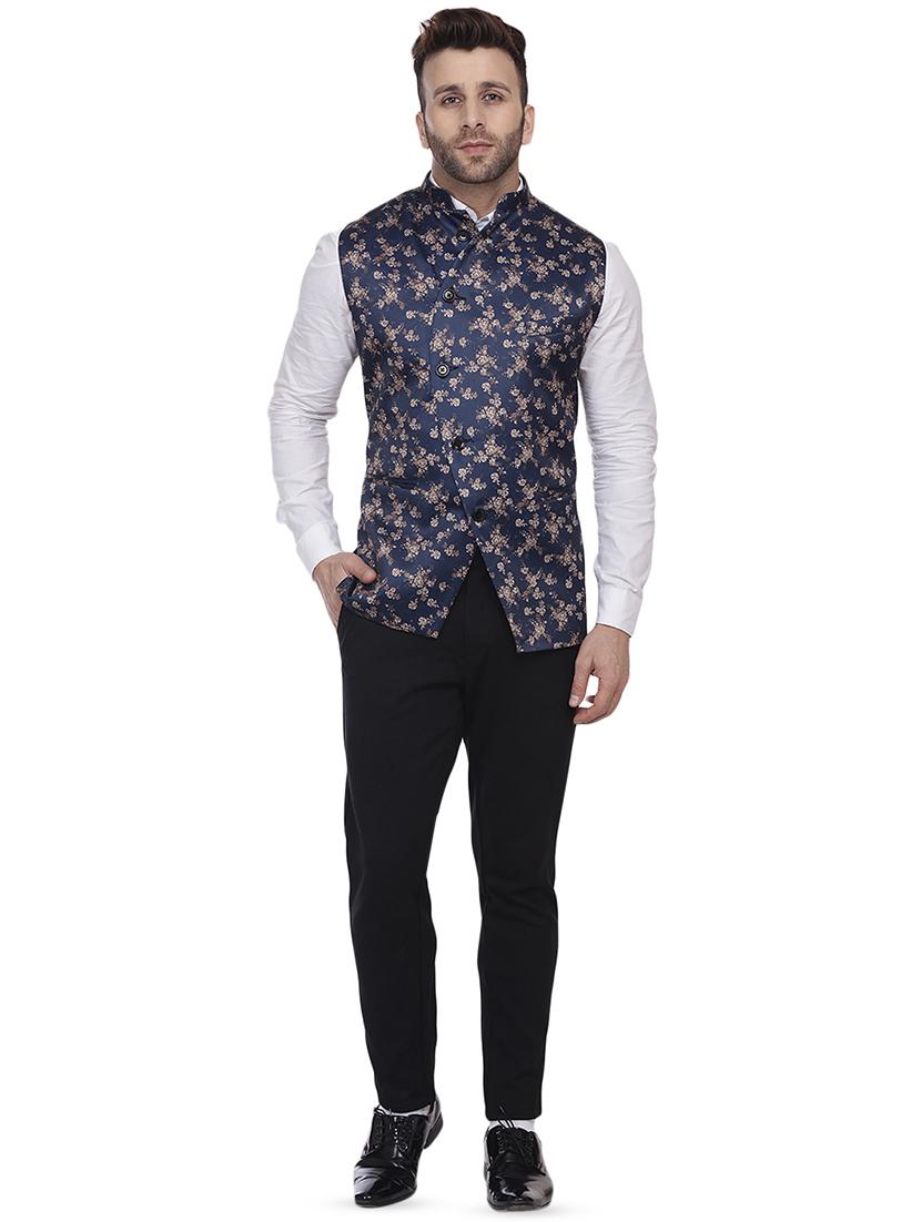 navy blue printed nehru jacket - 16457169 - Zoom Image - 3