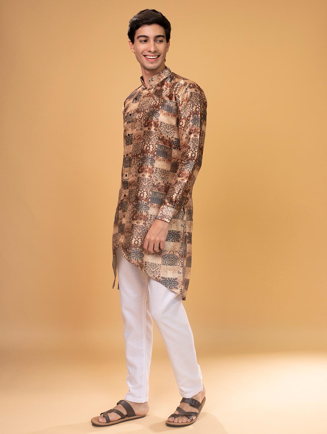 brown silk printed asymmetric kurta - 16599829 - Zoom Image - 2