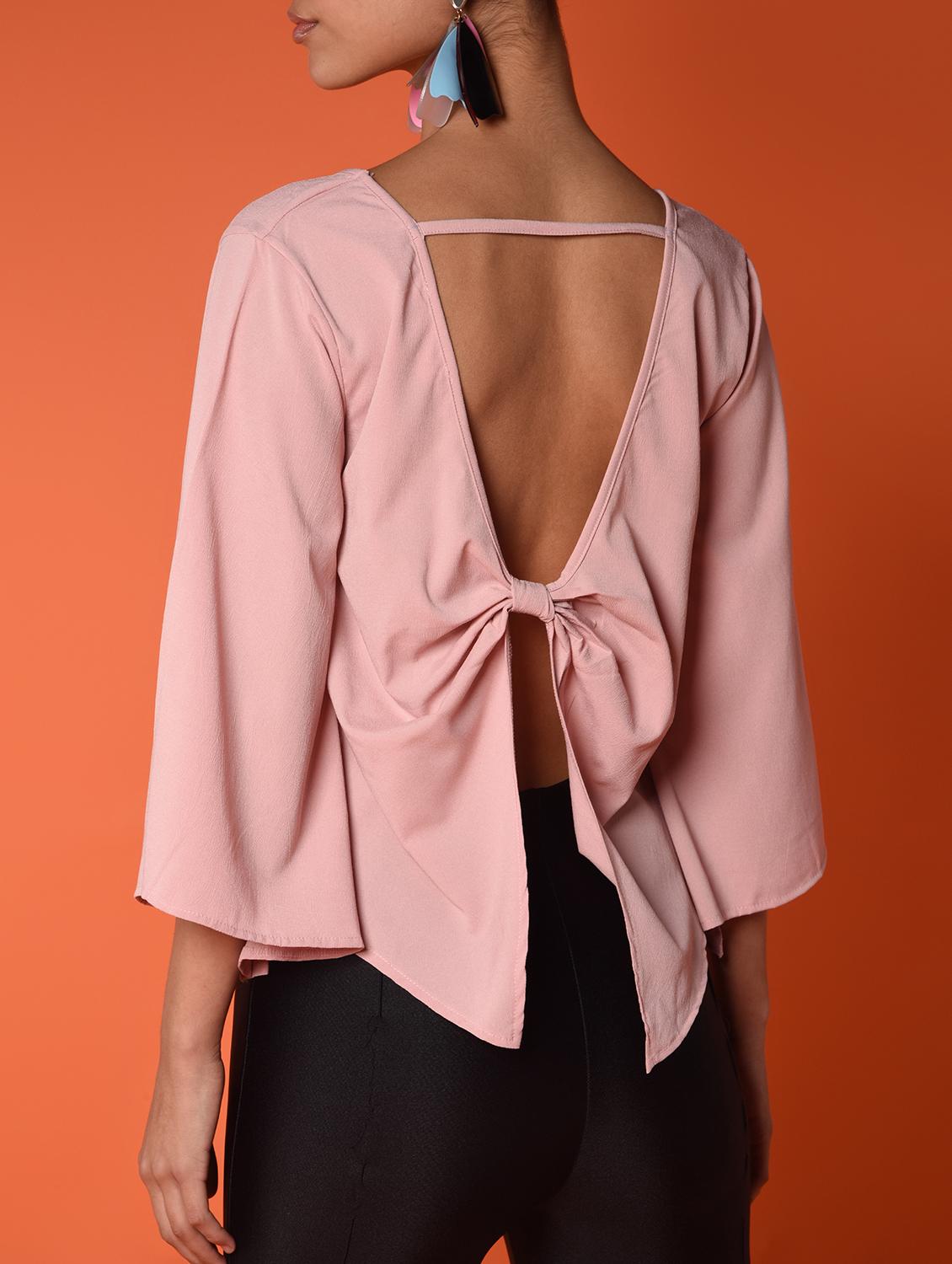 women solid bell sleeves backless top - 16936440 - Zoom Image - 4