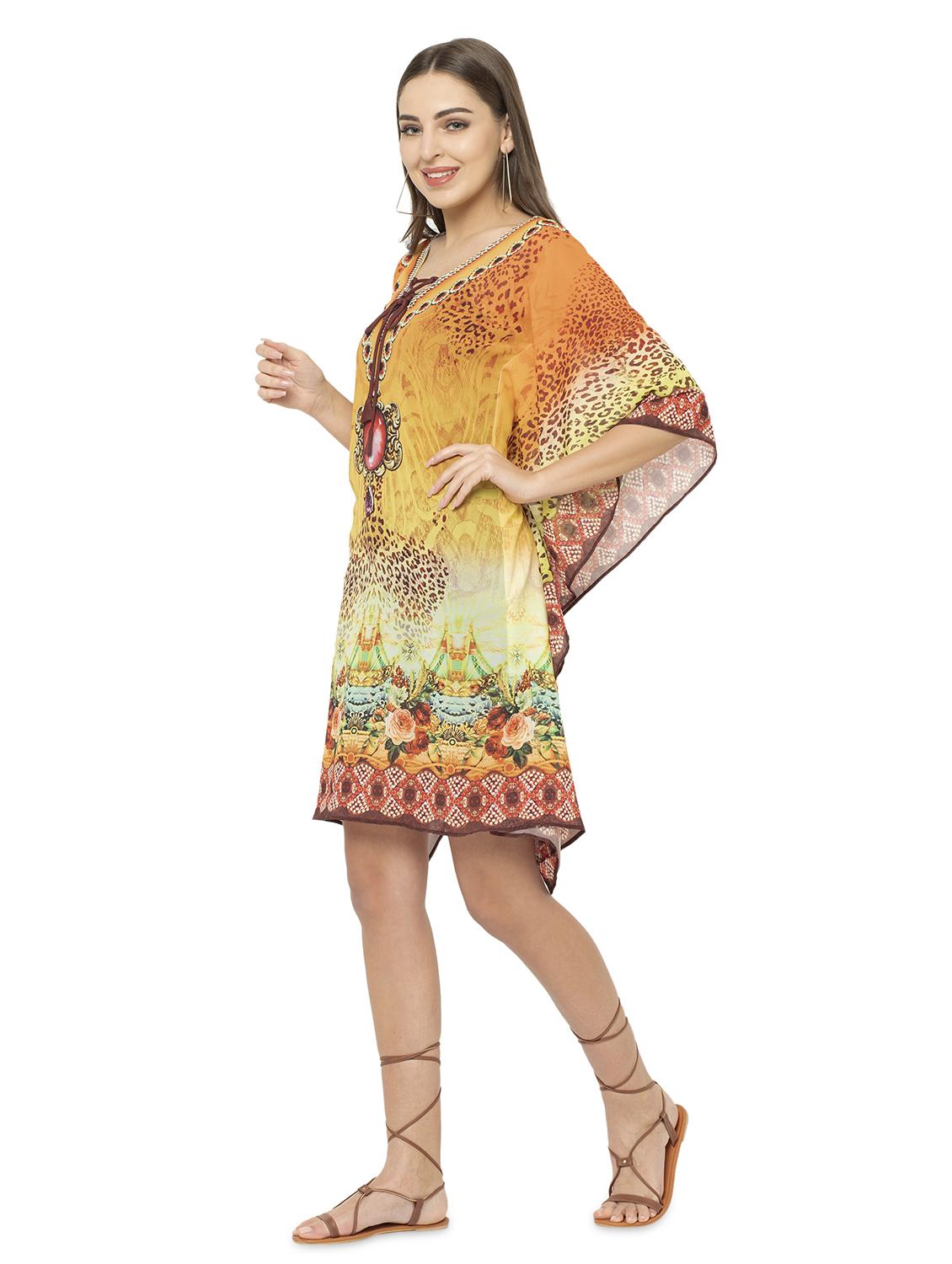 yellow relaxed fit printed tie up neck kaftan dress - 17011421 - Zoom Image - 2