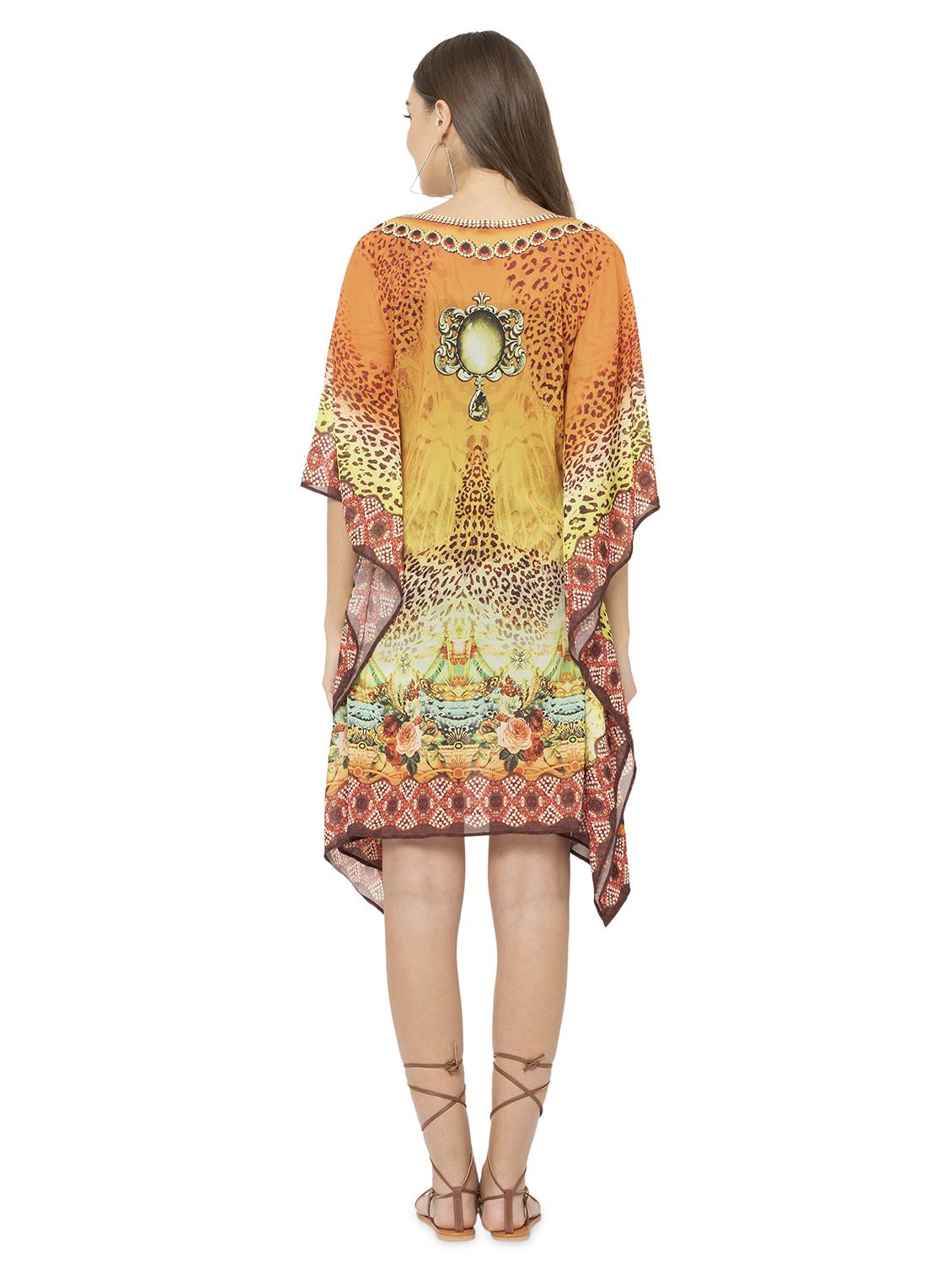 yellow relaxed fit printed tie up neck kaftan dress - 17011421 - Standard Image - 3