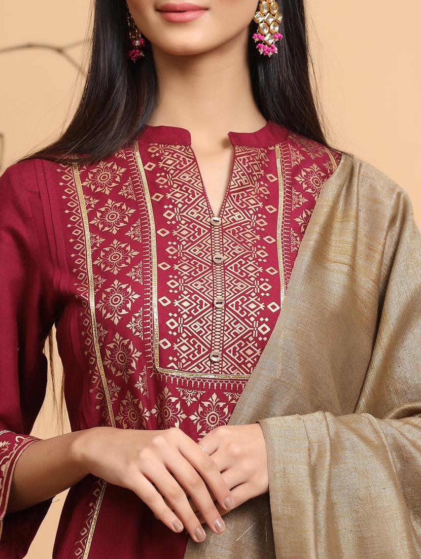 maroon printed straight kurta pant with dupatta - 17588666 - Zoom Image - 3