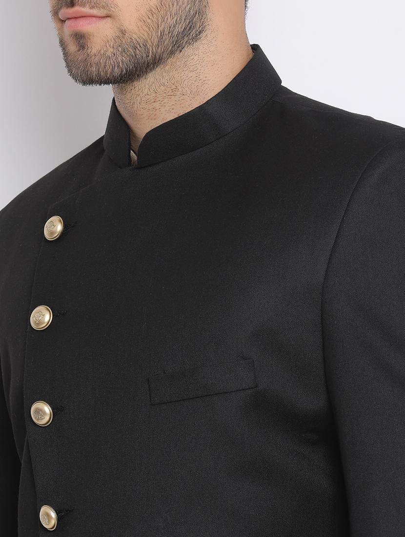 black solid silk blend sherwani set - 17633314 - Zoom Image - 5
