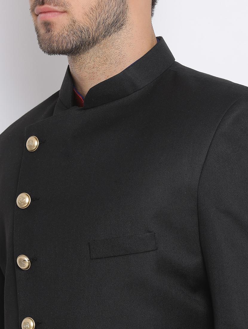 black solid silk blend sherwani set - 17633317 - Zoom Image - 5