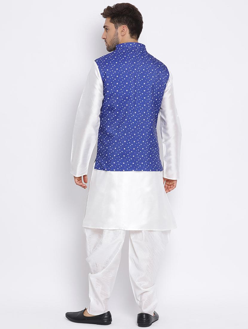 white dhoti kurta set with blue printed nehru jacket - 17633335 - Zoom Image - 3