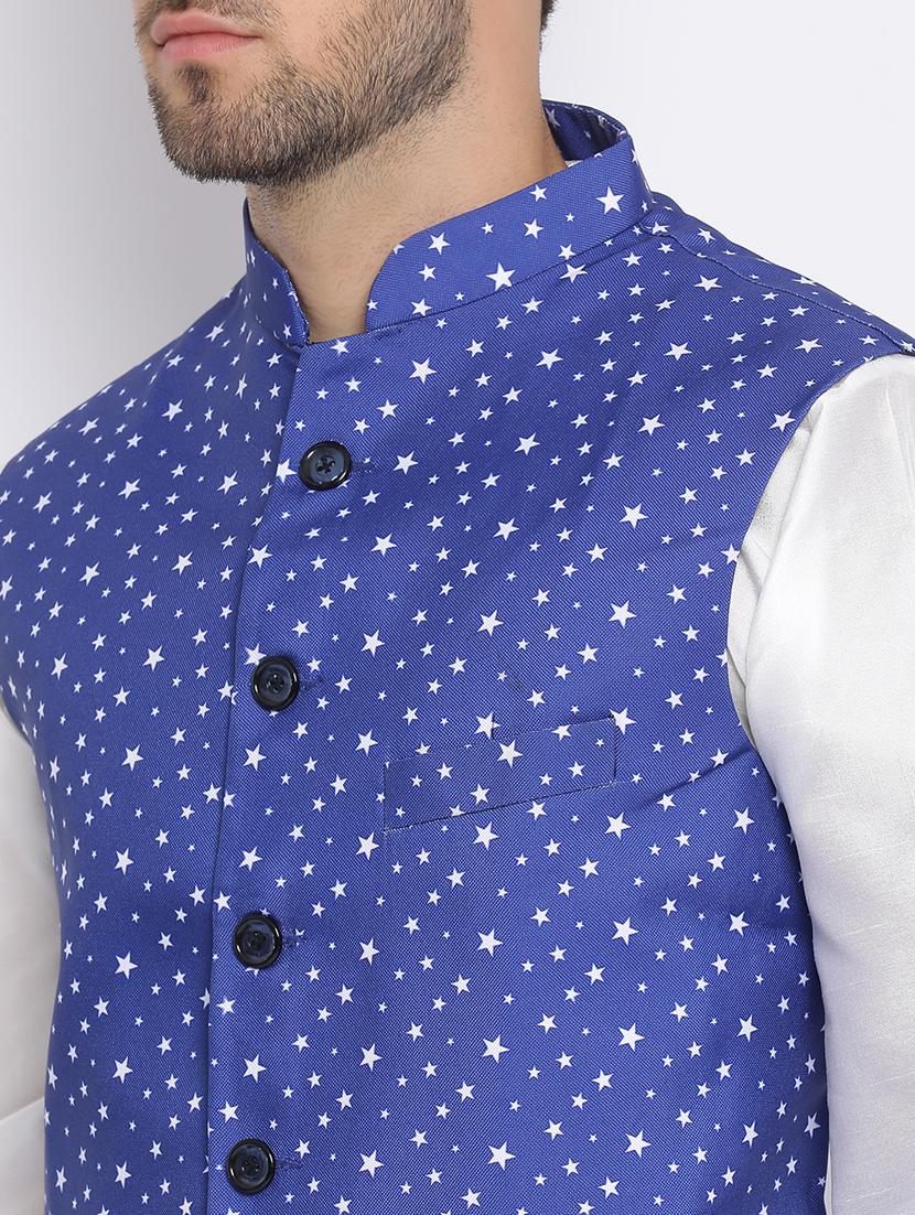 white dhoti kurta set with blue printed nehru jacket - 17633335 - Zoom Image - 4