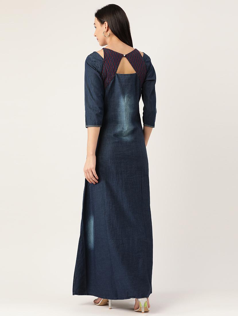 navy blue denim flared ethnic dress - 17666099 - Standard Image - 2