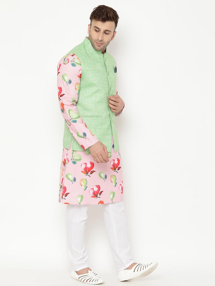 pink floral kurta pyjama set with green nehru jacket - 17855846 - Zoom Image - 2