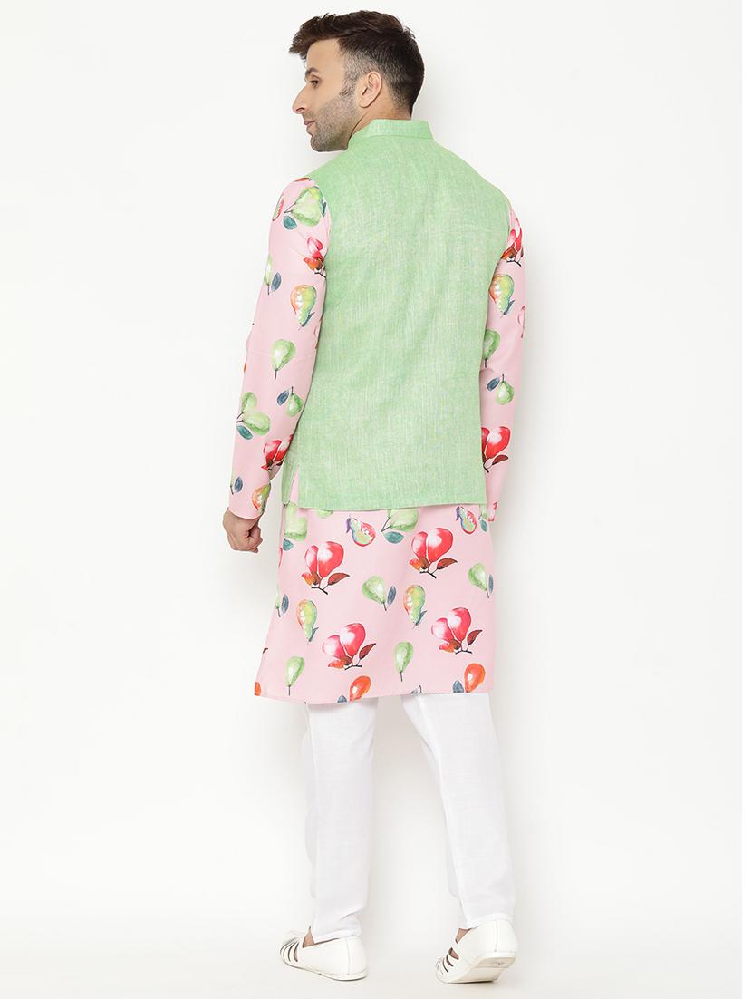 pink floral kurta pyjama set with green nehru jacket - 17855846 - Standard Image - 3