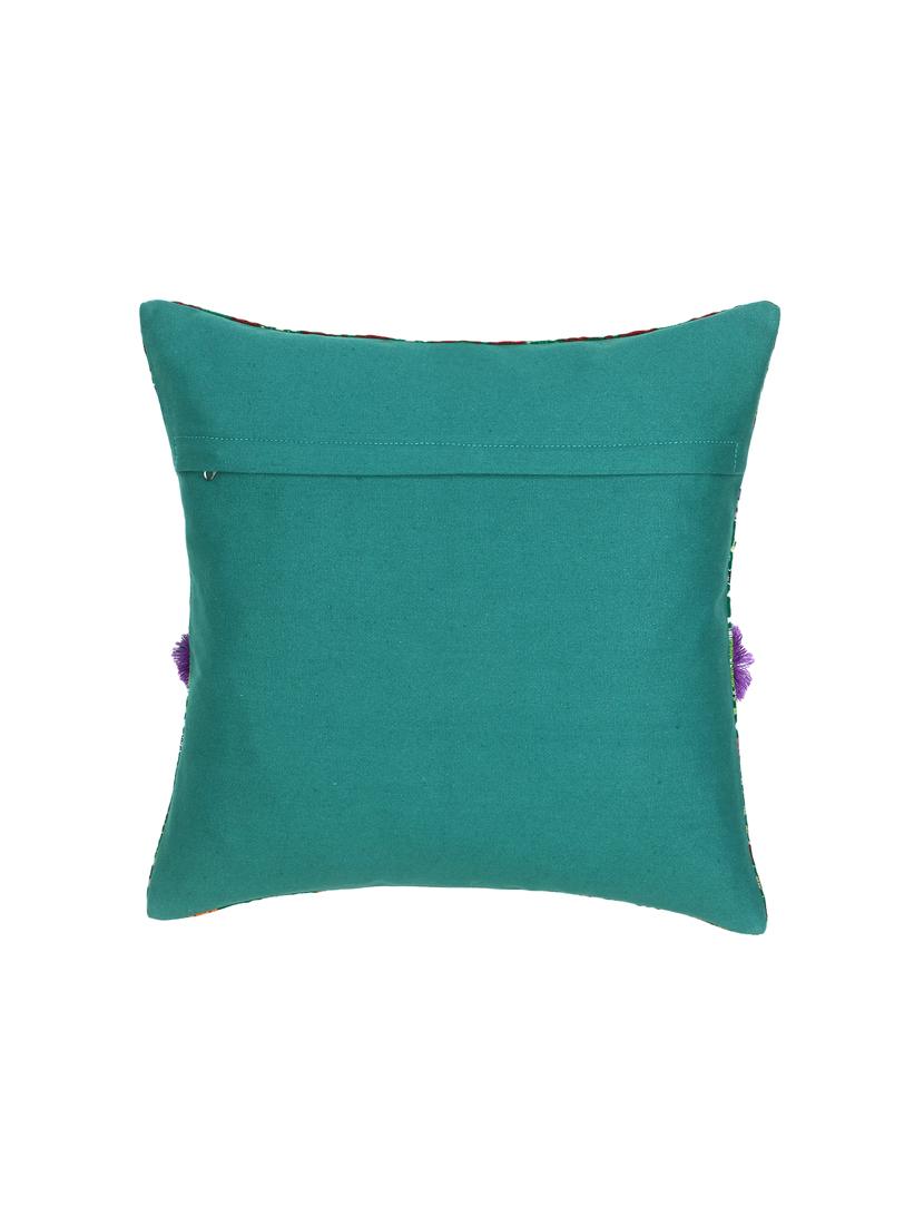 mezposh tribal green & multi acrylic jacquard pompom cushion cover (16"x16") - 17977777 - Zoom Image - 2