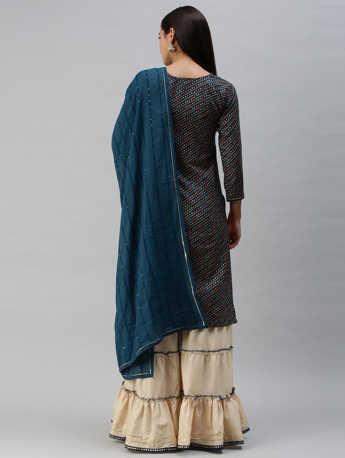 teal cotton blend kurta sharara set - 18051546 - Zoom Image - 2