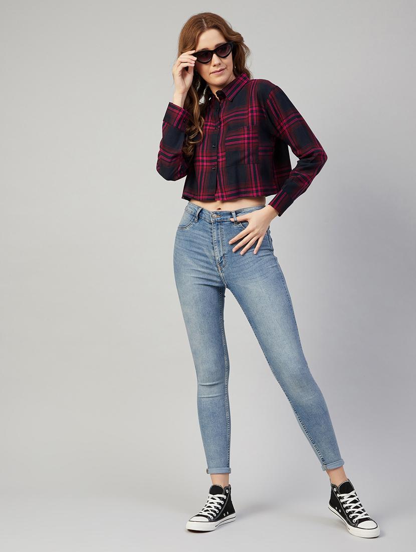 long sleeved checkered crop shirt - 18052464 - Standard Image - 4
