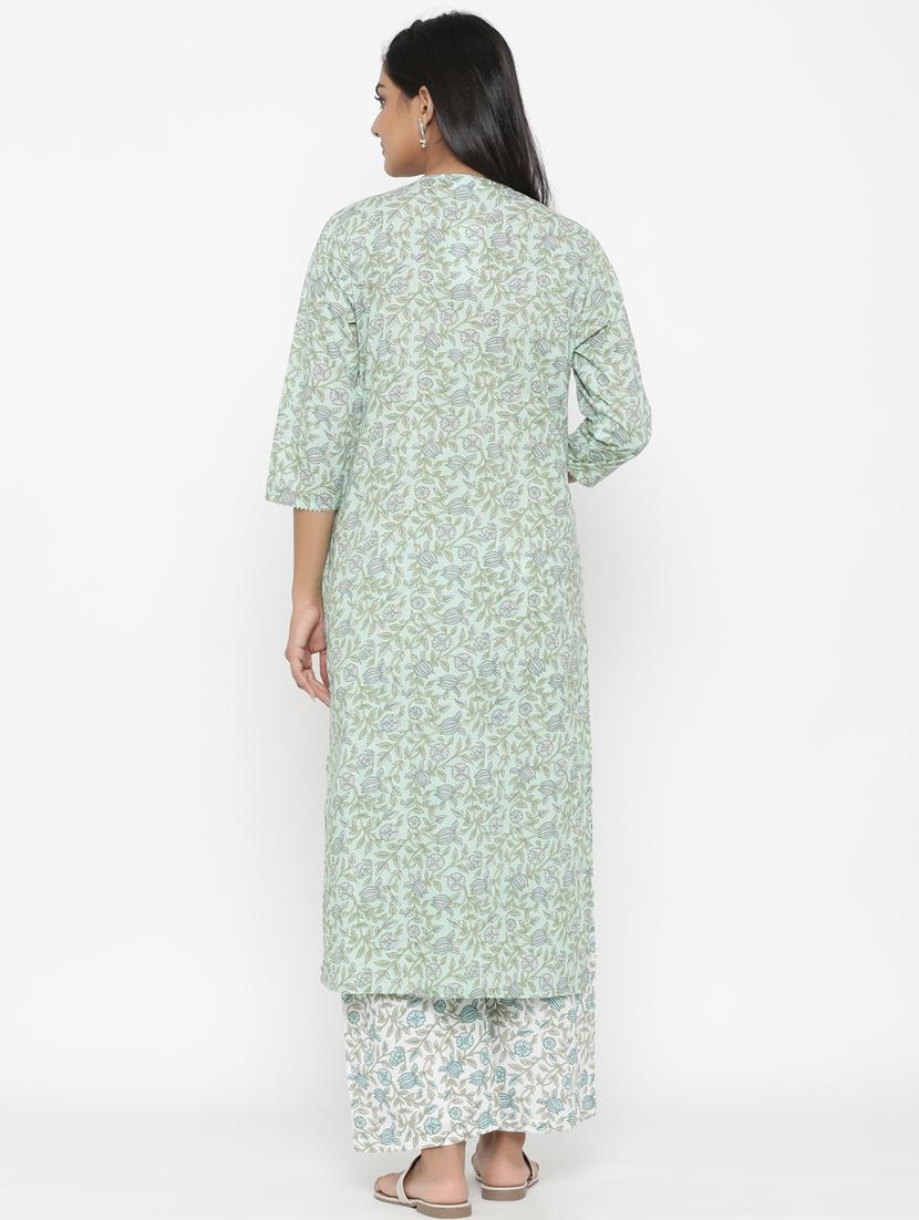 green cotton kurta palazzo set - 18185517 - Zoom Image - 3