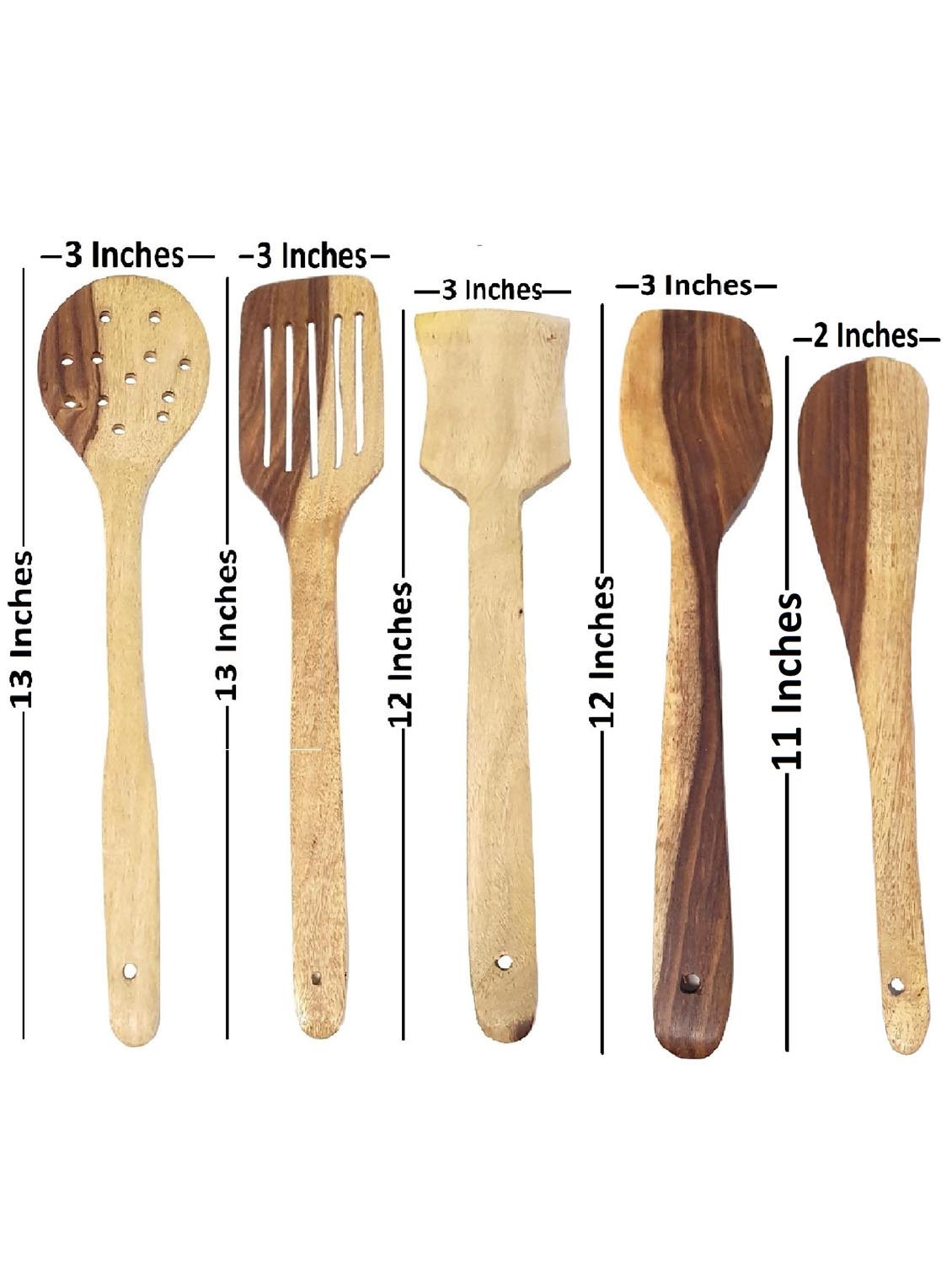 buzykart® handicrafts wooden bowl set of 3, spoon set of 5 | 1 frying, 1 serving, 1 spatula, 1 chapati spoon, 1 desert - 18219322 - Zoom Image - 2
