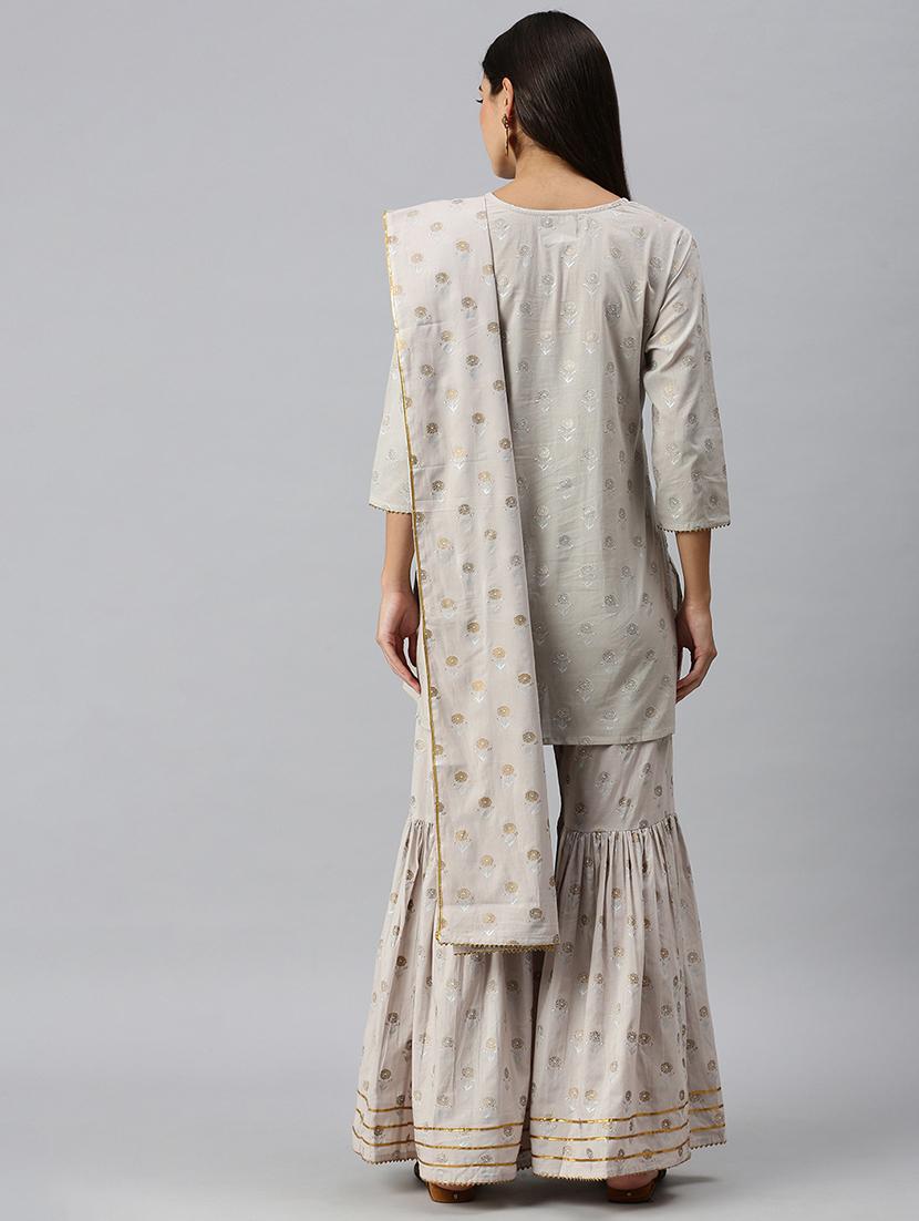 grey cotton blend kurta sharara set - 18260897 - Zoom Image - 3