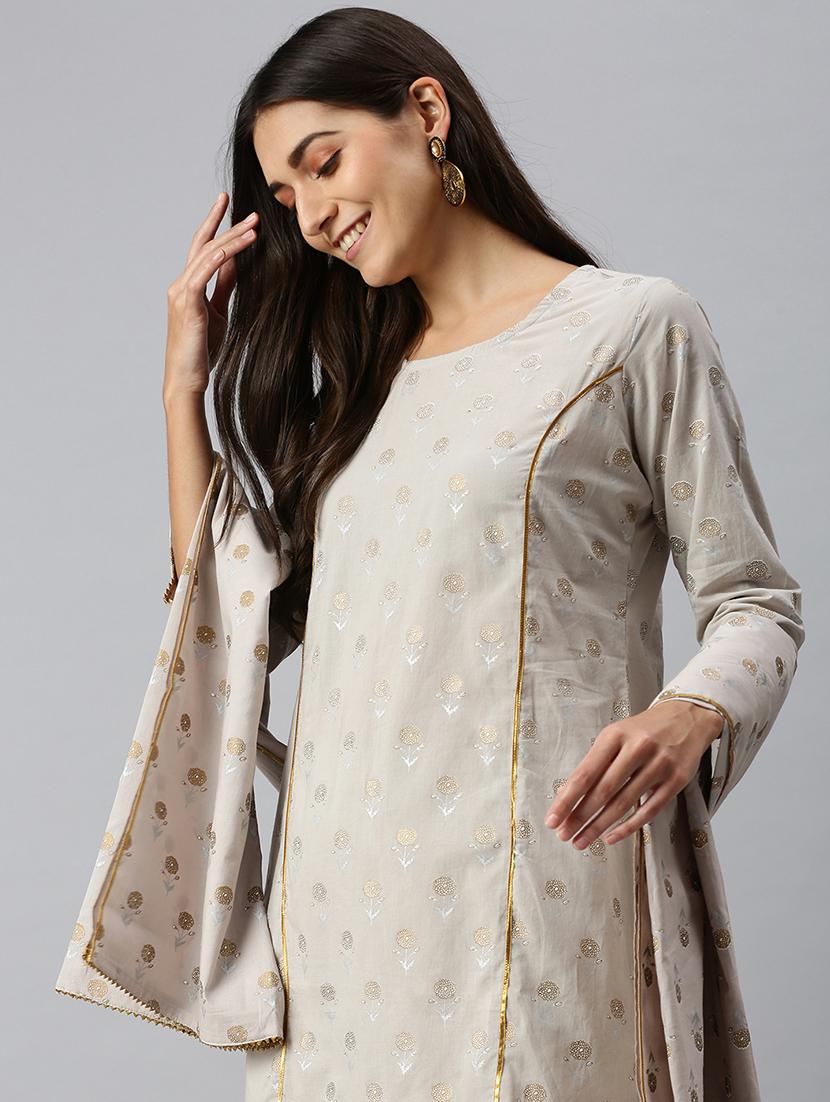grey cotton blend kurta sharara set - 18260897 - Standard Image - 4