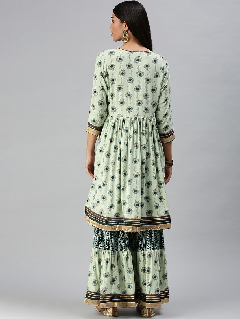 green cotton blend kurta palazzo set - 18294889 - Standard Image - 2