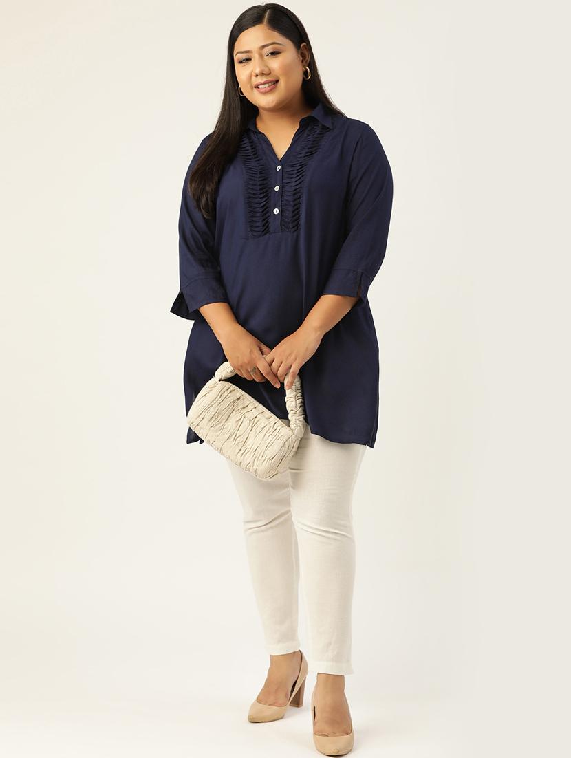 navy blue shirt collar solid a-line kurti - 18303710 - Zoom Image - 3