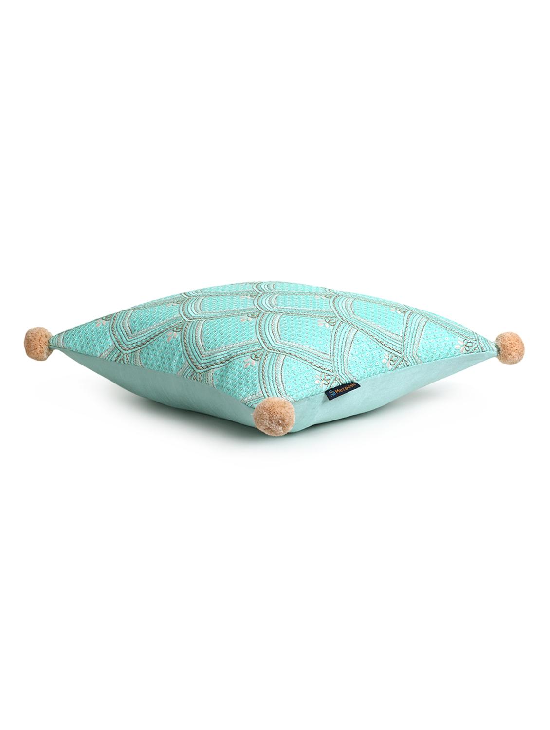 mezposh tribal sea green & coral ethnic motifs embroidered faux silk cushion cover (16"x16") - 18308577 - Standard Image - 3