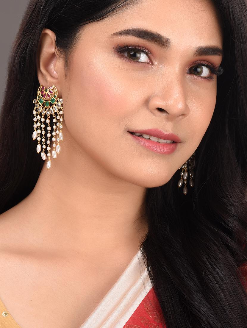 gold plated red & green ad studded crescent shaped long pearls drop earrings - 18321024 - Standard Image - 3