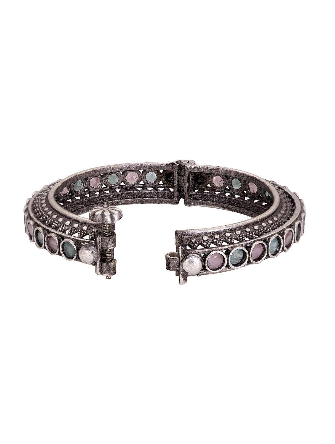 oxidized silver toned pink mint stone studded openable kada bracelet - 18327156 - Standard Image - 2