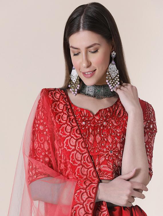 red art silk flared lehenga - 18346602 - Standard Image - 3