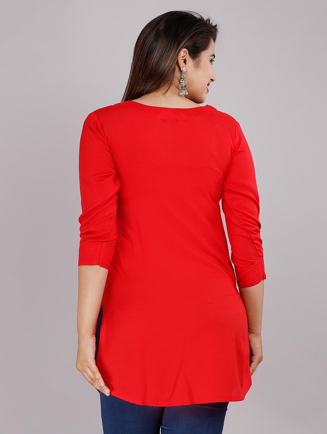 red embellished straight kurti - 18388773 - Standard Image - 2