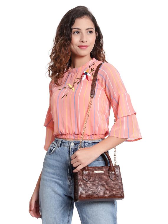 brown textured fashion satchel - 18401178 - Zoom Image - 3