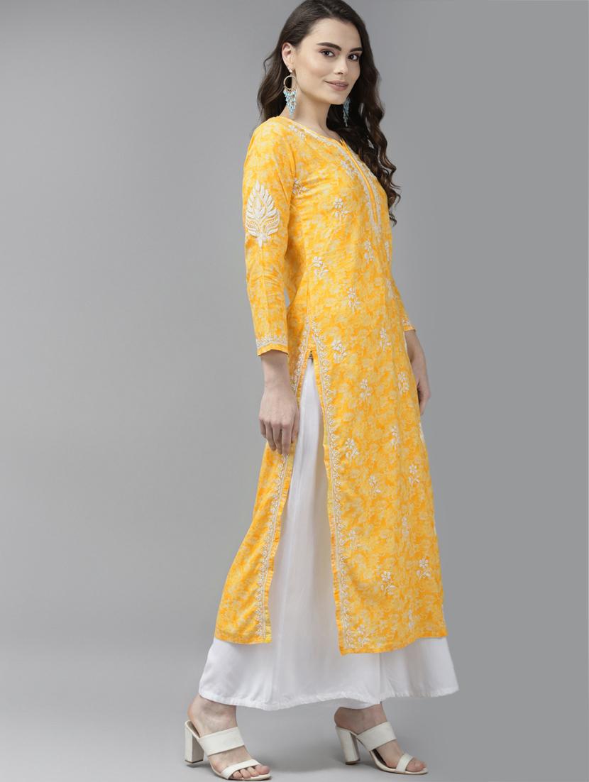 yellow cotton women chikankari straight kurta - 18439713 - Standard Image - 2