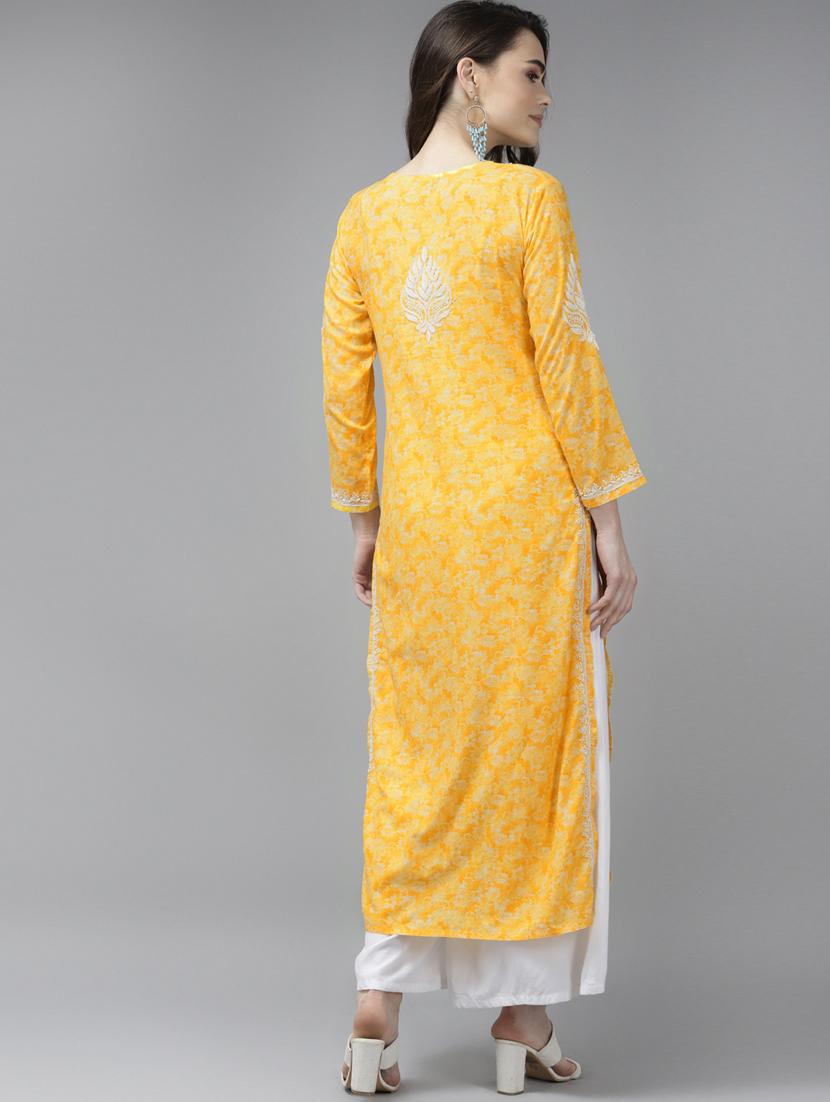 yellow cotton women chikankari straight kurta - 18439713 - Standard Image - 3