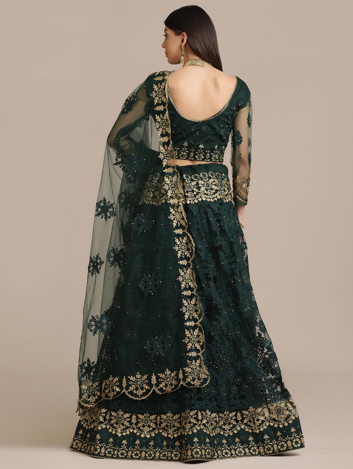 bottle green tonal embroidered flared lehenga - 18448001 - Standard Image - 2