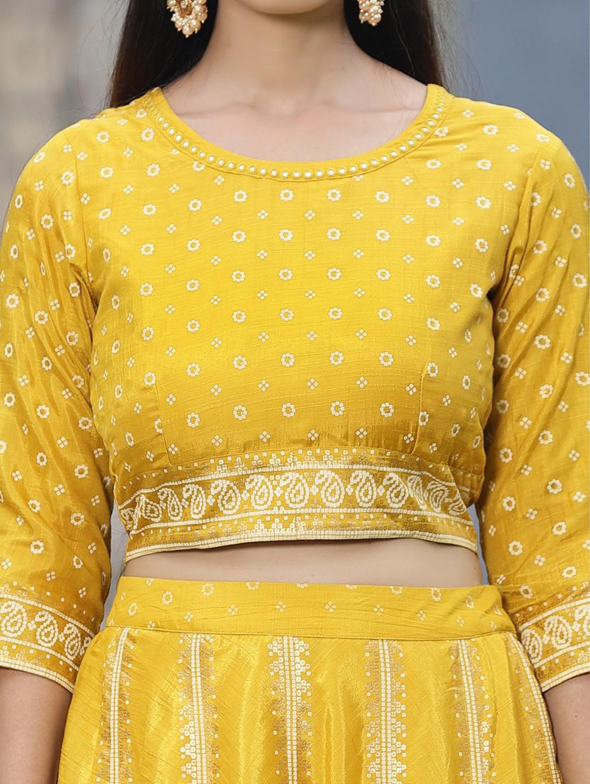 yellow foil print stitched flared lehenga choli set with dupatta - 18458840 - Zoom Image - 3