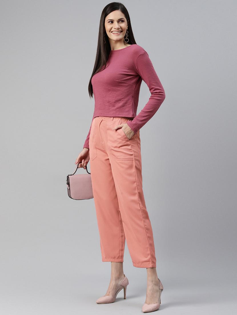 women high rise solid realxed fit trouser - 18475734 - Standard Image - 3