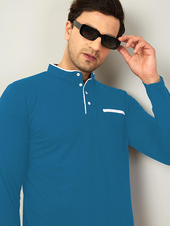 mandarin neck contrast piping solid t-shirt - 18507572 - Standard Image - 2