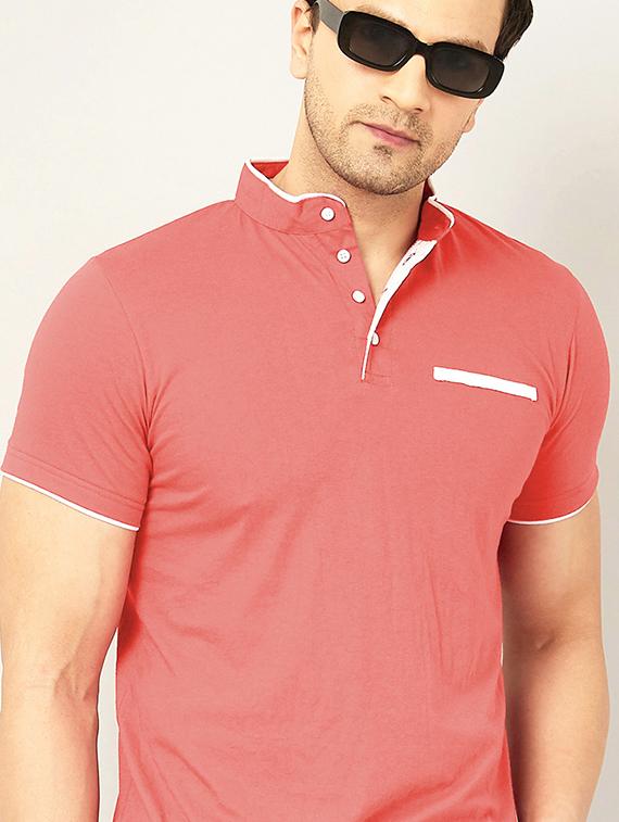 mandarin neck contrast piping solid t-shirt - 18507585 - Standard Image - 2