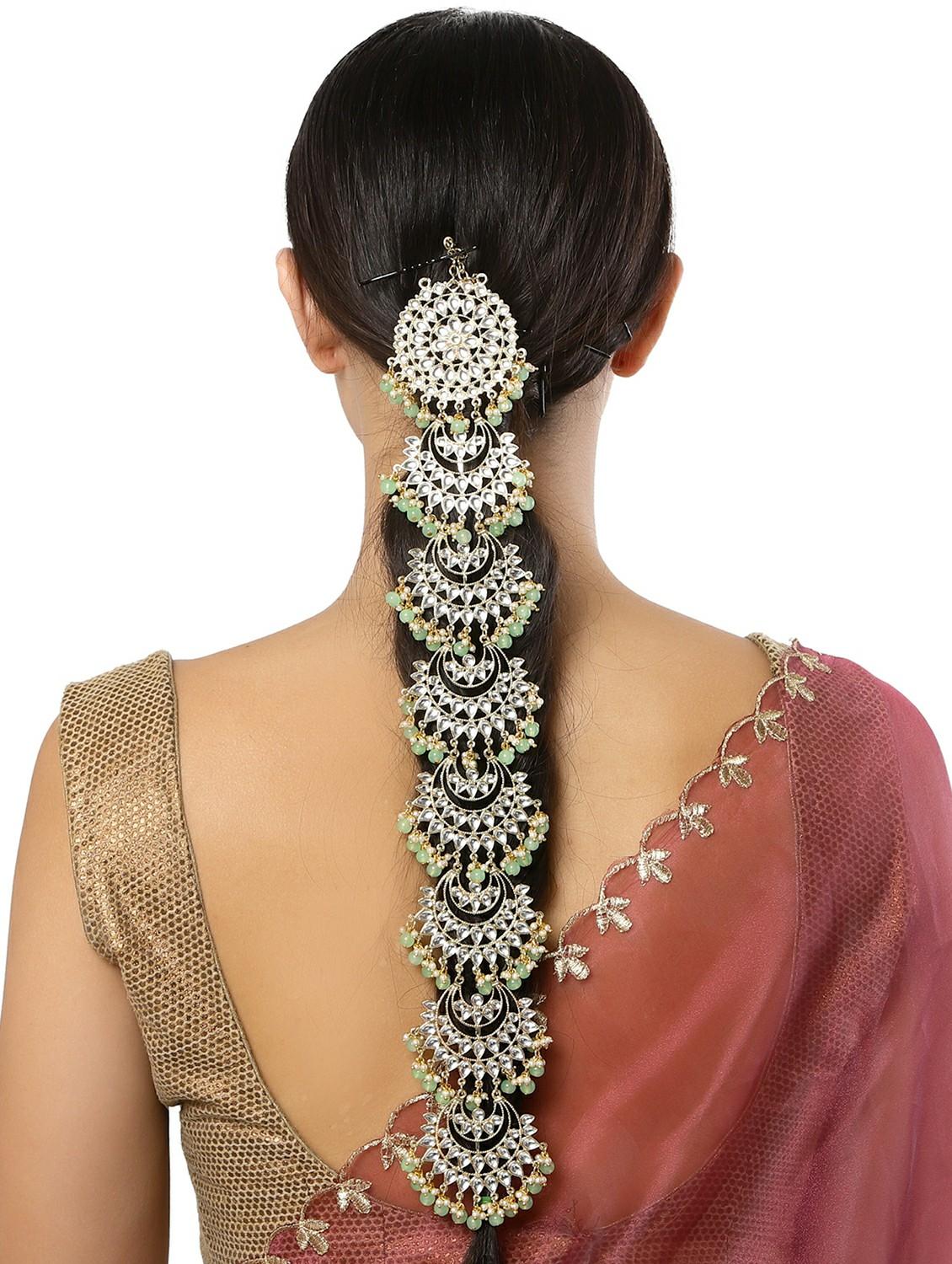 karatcart light green beads gold plated kundan bridal wedding hair braid choti - 18635745 - Standard Image - 2