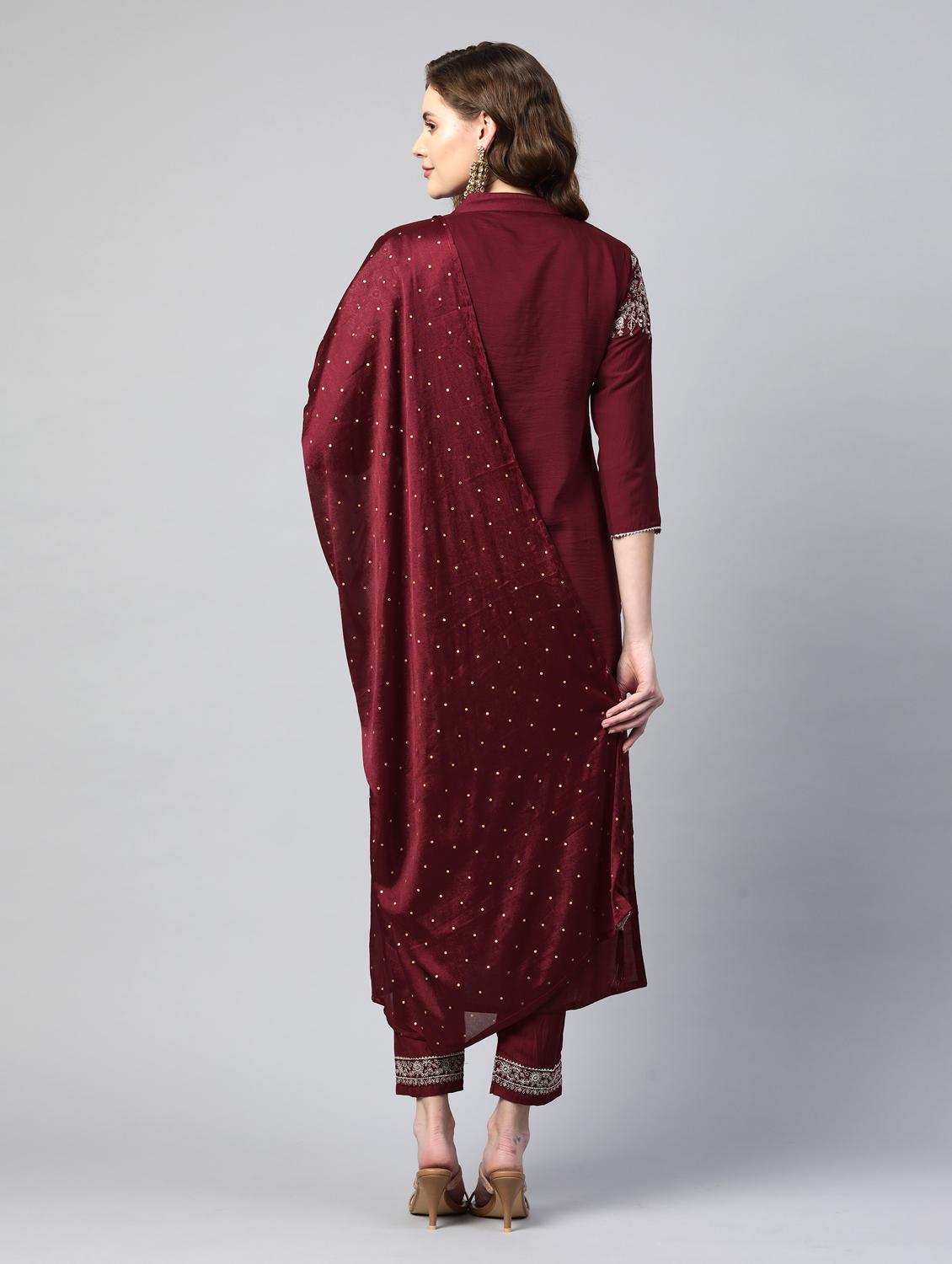 maroon embroidered kurta pant set with dupatta - 18875394 - Standard Image - 2