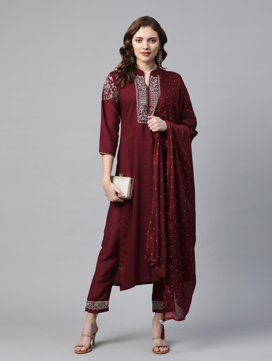 maroon embroidered kurta pant set with dupatta - 18875394 - Standard Image - 3