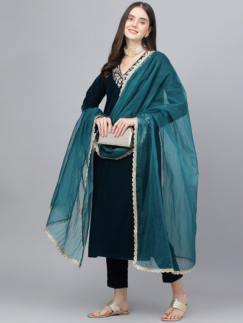 teal kurta pant set with dupatta - 18961549 - Zoom Image - 2