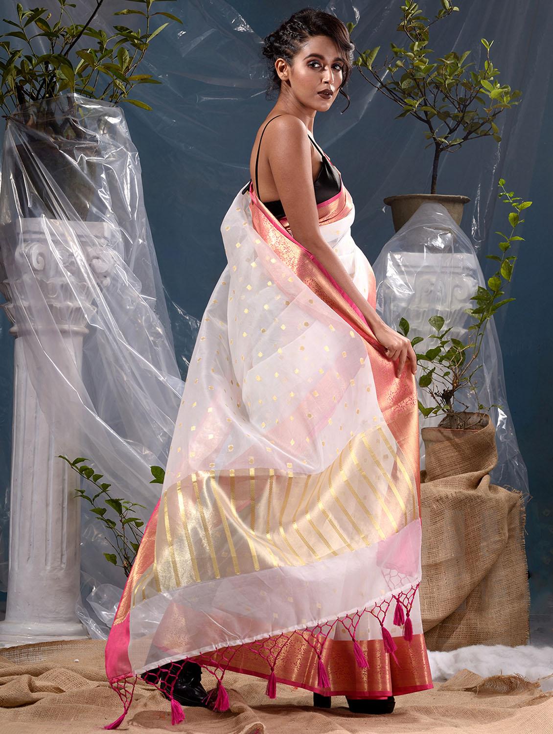 women's self design white colored saree with blouse - 19139158 - Zoom Image - 3