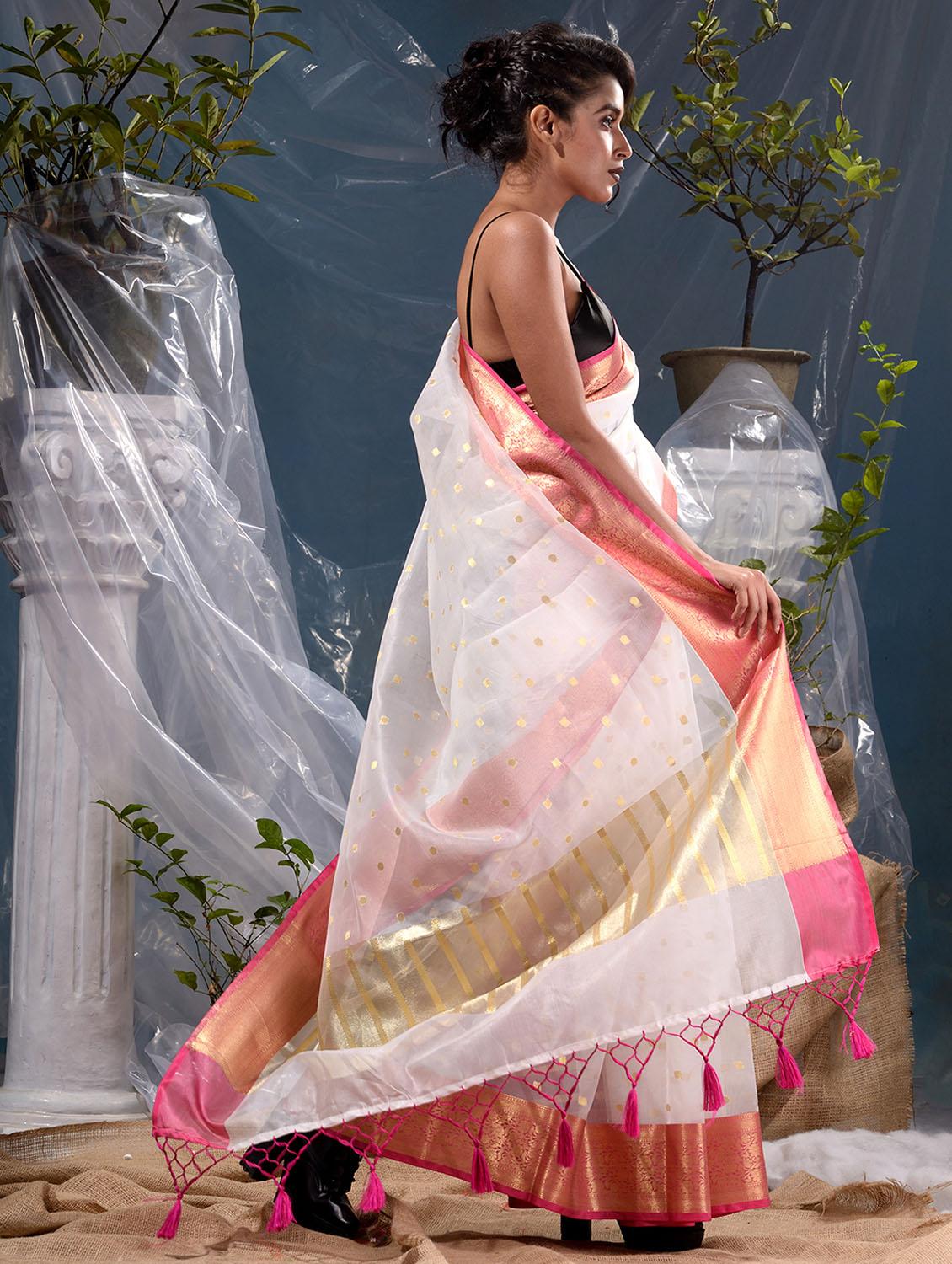 women's self design white colored saree with blouse - 19139158 - Zoom Image - 4