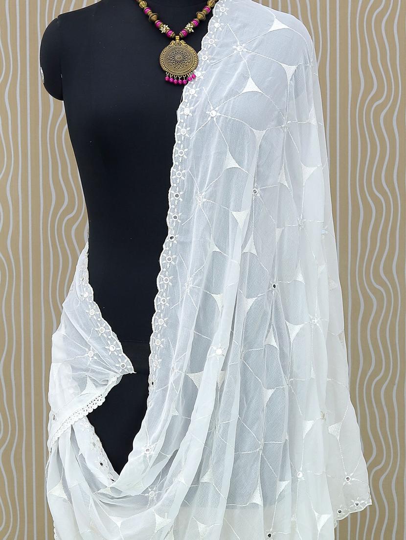 white self design mirror work embroidered dupatta - 19662943 - Standard Image - 3