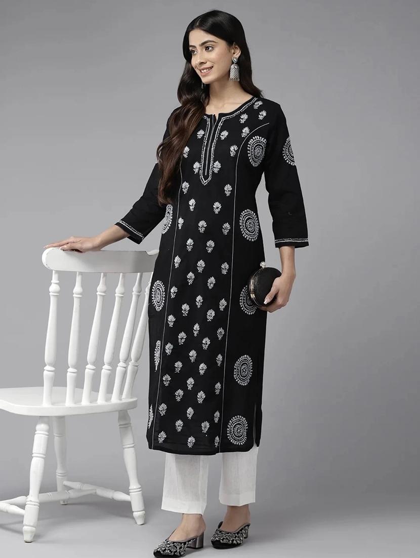 ada women's hand embroidered black & grey cotton lucknowi chikankari straight kurta - 19775806 - Standard Image - 3