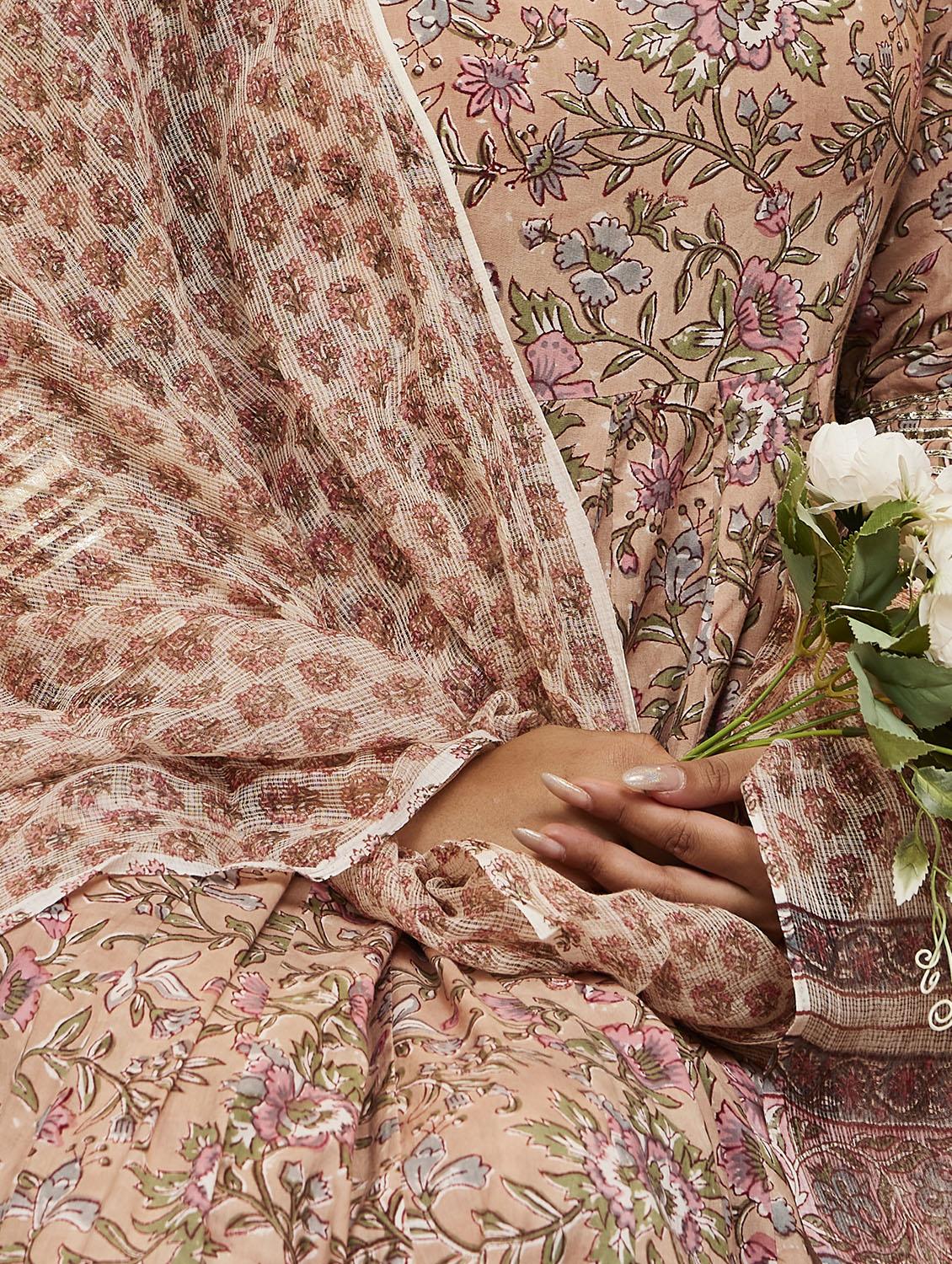 beige floral printed anarkali kurta pant with dupatta set - 19948724 - Standard Image - 5