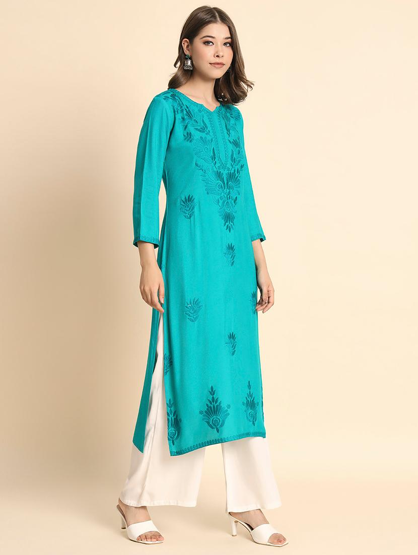 notch neck tonal embroidered straight kurta - 20152914 - Standard Image - 3