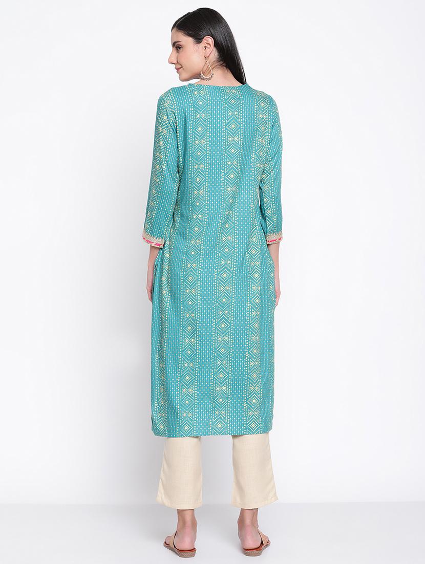 turquoise colored straight kurta - 20188876 - Standard Image - 2