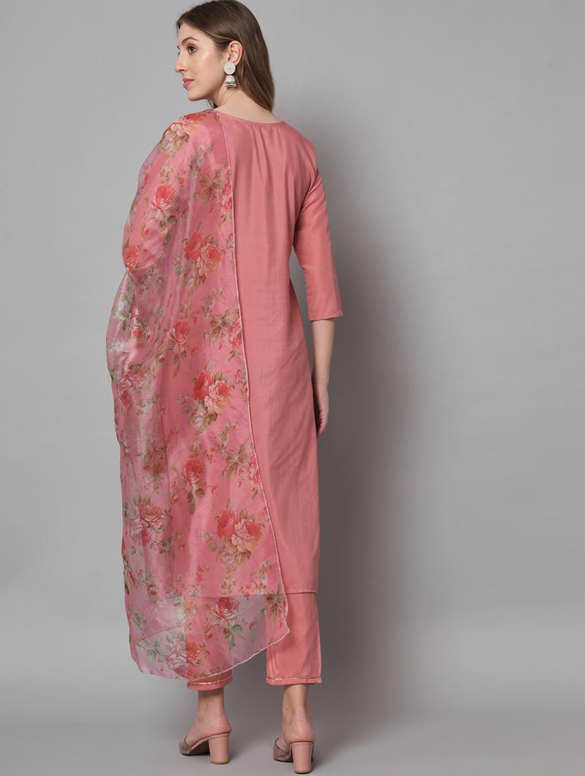 pink round neck kurta pant set with dupatta - 20195110 - Zoom Image - 2