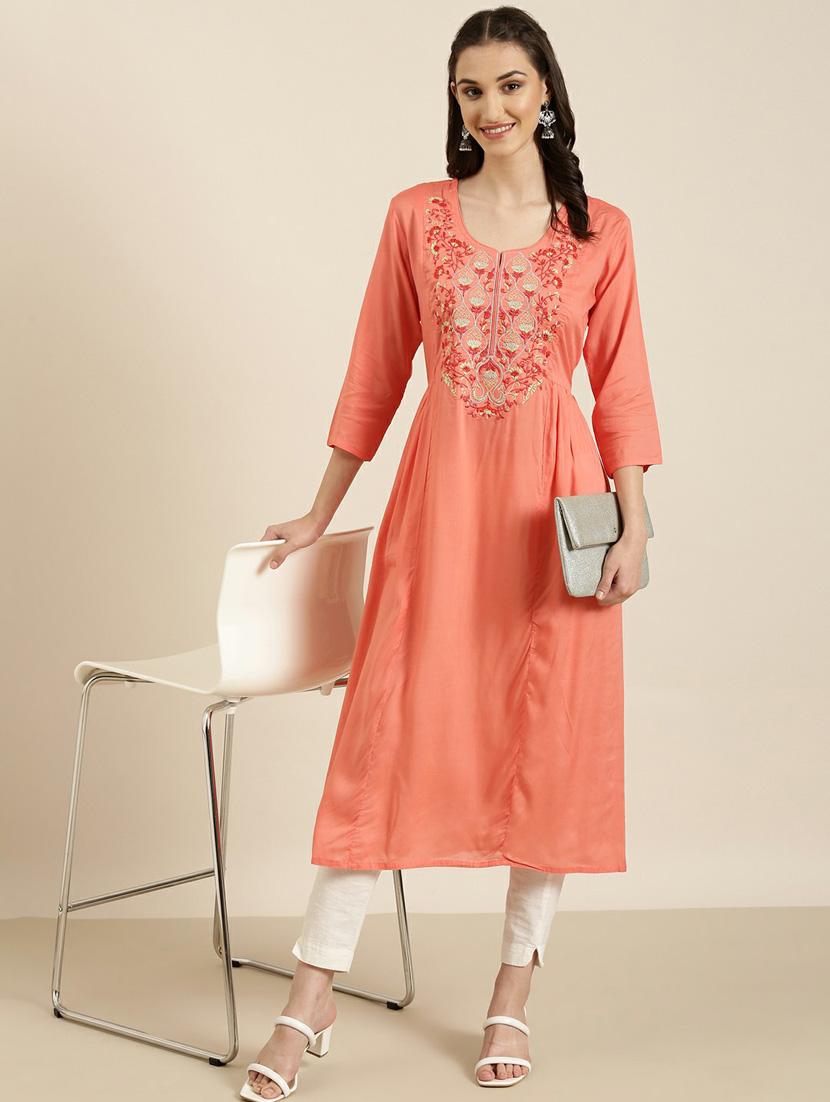 orange embroidered a-line kurta - 20252642 - Zoom Image - 3