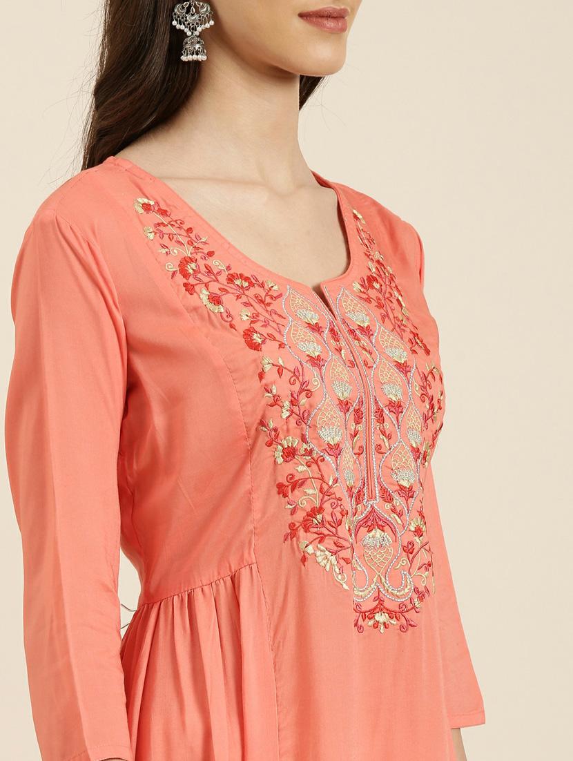 orange embroidered a-line kurta - 20252642 - Standard Image - 4